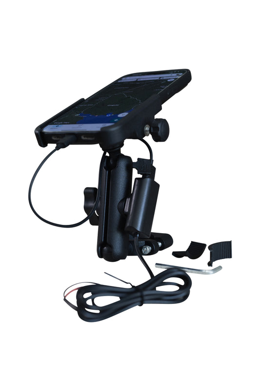 Soporte Celular Moto Aluminio Tipo RAM con Cargador USB – Manillar 22 a 32 mm