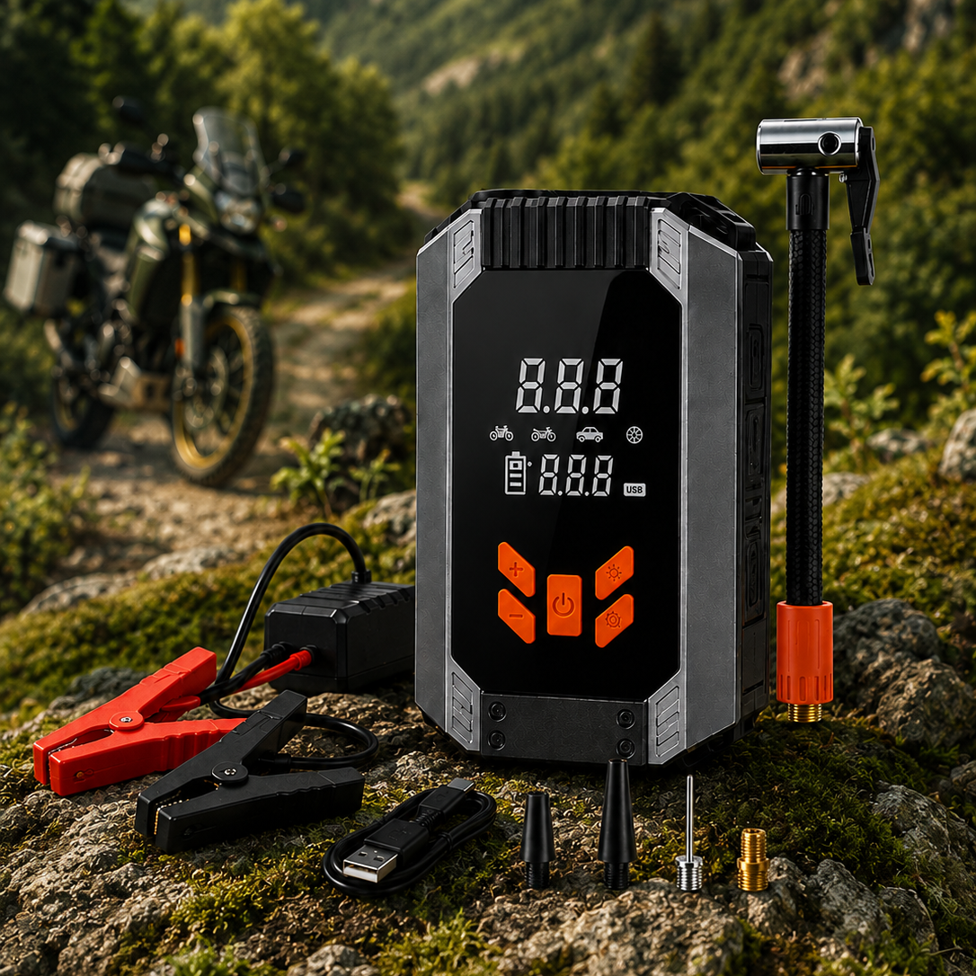 Arrancador de batería portátil + Compresor/Inflador + Power Bank